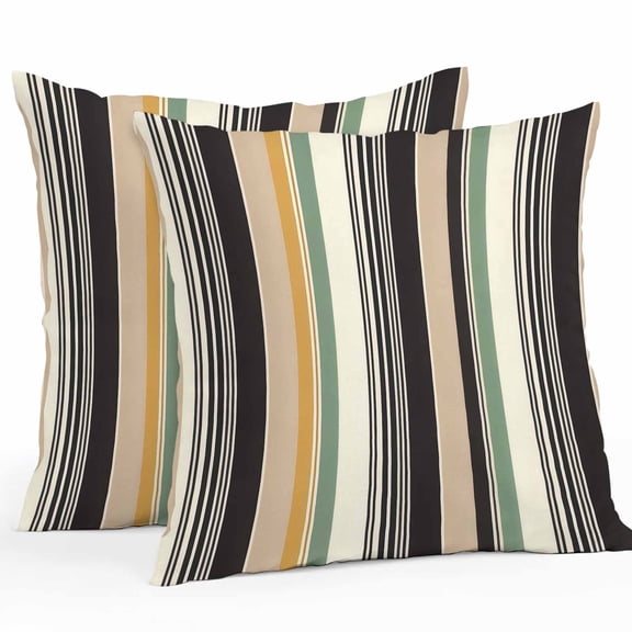 Vintage Stripes Outdoor Pillow Covers Set of 2 Black Yellow Green Striped Abstract Line Waterproof Throw Pillow Case Decorative Square Cushion Cover for Patio Couch Garden Balcony, 16"x16"