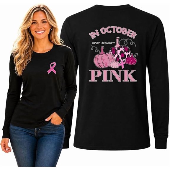 Wild Bobby Breast Cancer Awareness Faith Pink Ribbon Sunflower Front and Back Mens Long Sleeve Shirt