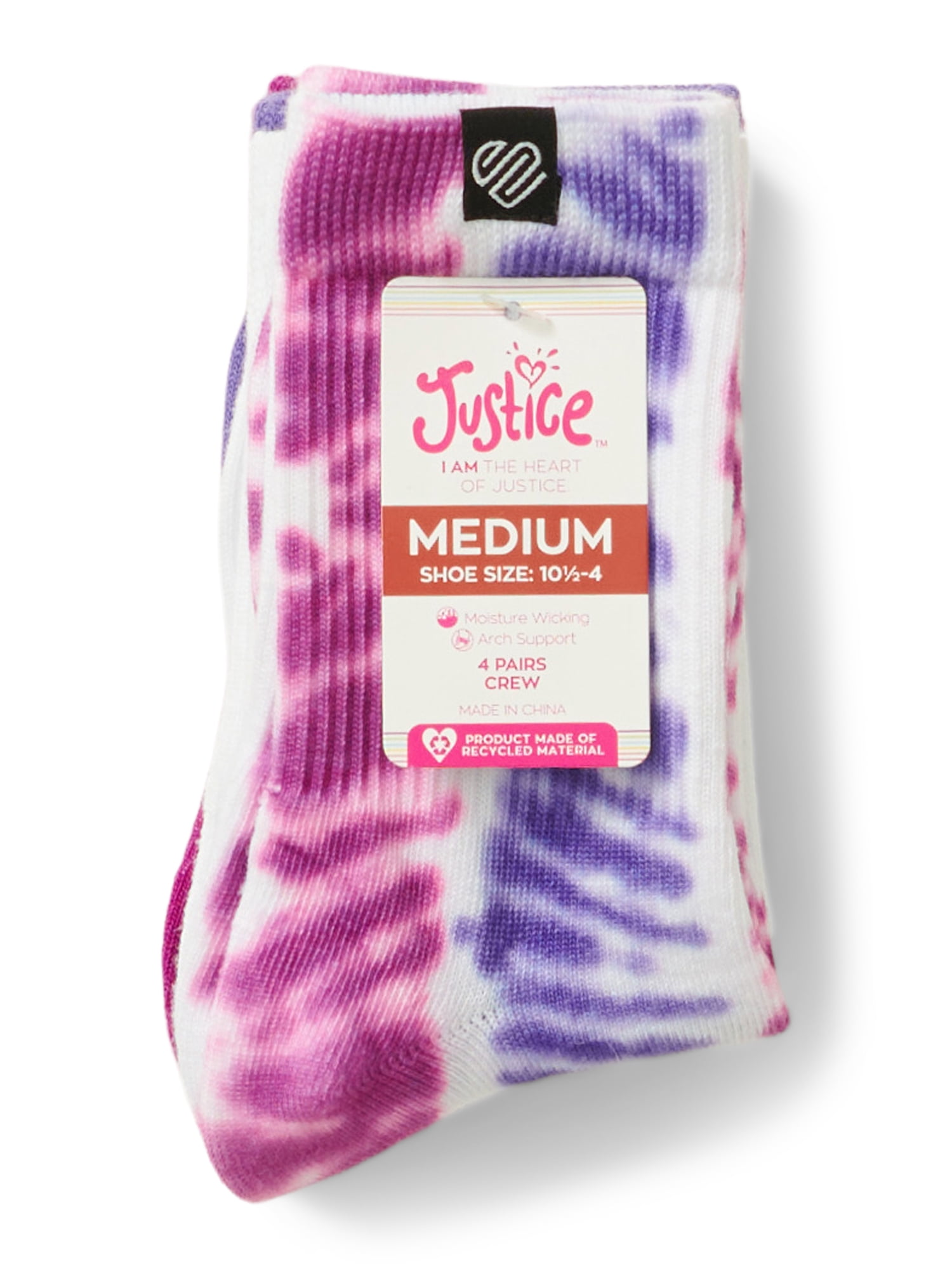 Justice Women's Comfortable Ultra Light Polyester Crew Socks, (4-Pack)