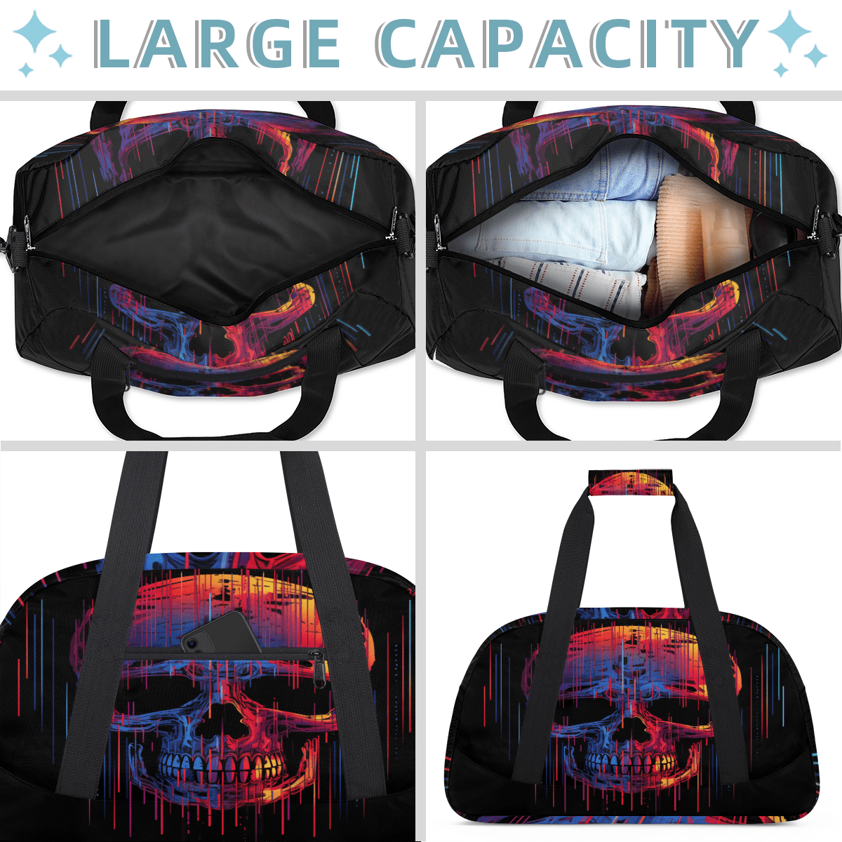 Herdesigns Funny Skull Skeleton Sports Duffle Bag for Women & Men, Gym Bag Dance Bag Overnight Bag Carry On Weekender Travel Bag
