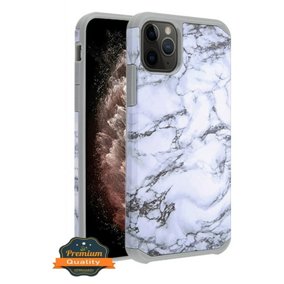 Apple iPhone 11 PRO Phone Case Protective High Impact Shock Absorption Heavy Duty 2 Layers Hybrid Armor Rubber Rugged Silicone Gel TPU Hard Bumper Cover Marble White Gray for Apple iPhone 11 Pro /5.8"