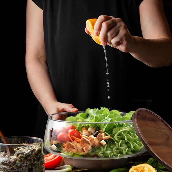 Large Glass Salad Bowls Set with Acacia Wood Base and Lid and Salad Serving Utensils