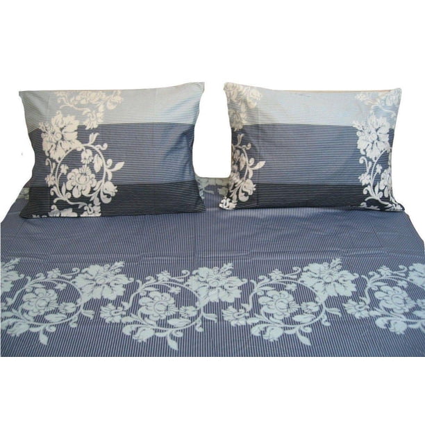 DaDa Bedding Juego de sábanas y fundas de almohada a rayas florales azul marino - Twin