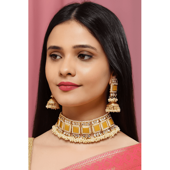 Yellow Kundan Choker Necklace Set with Jhumka Earrings – Gold Plated Traditional Jewelry for Women