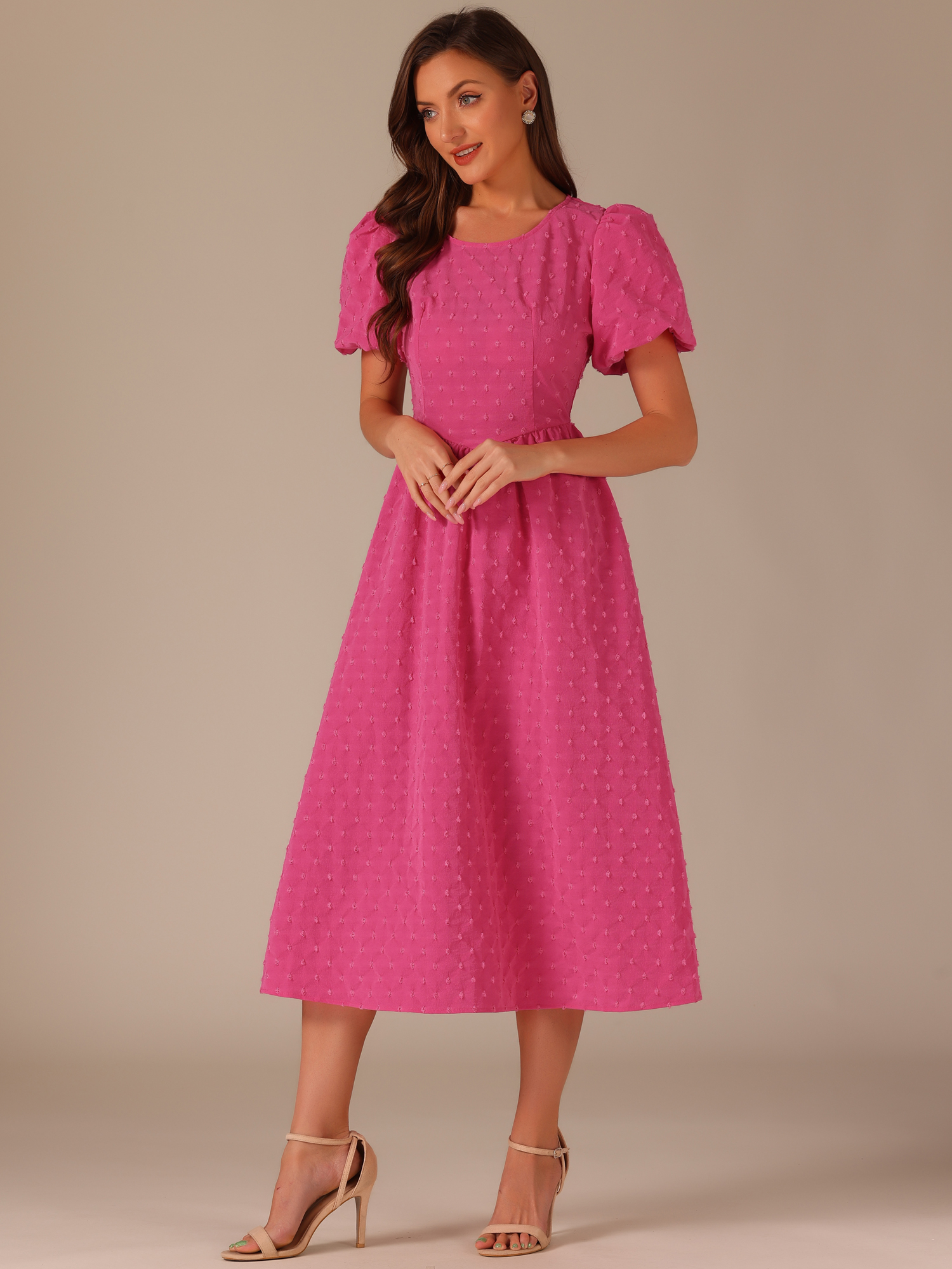 DARING DIVA Women's Puff Sleeve Textured Fit and Flare Dresses M Hot Pink