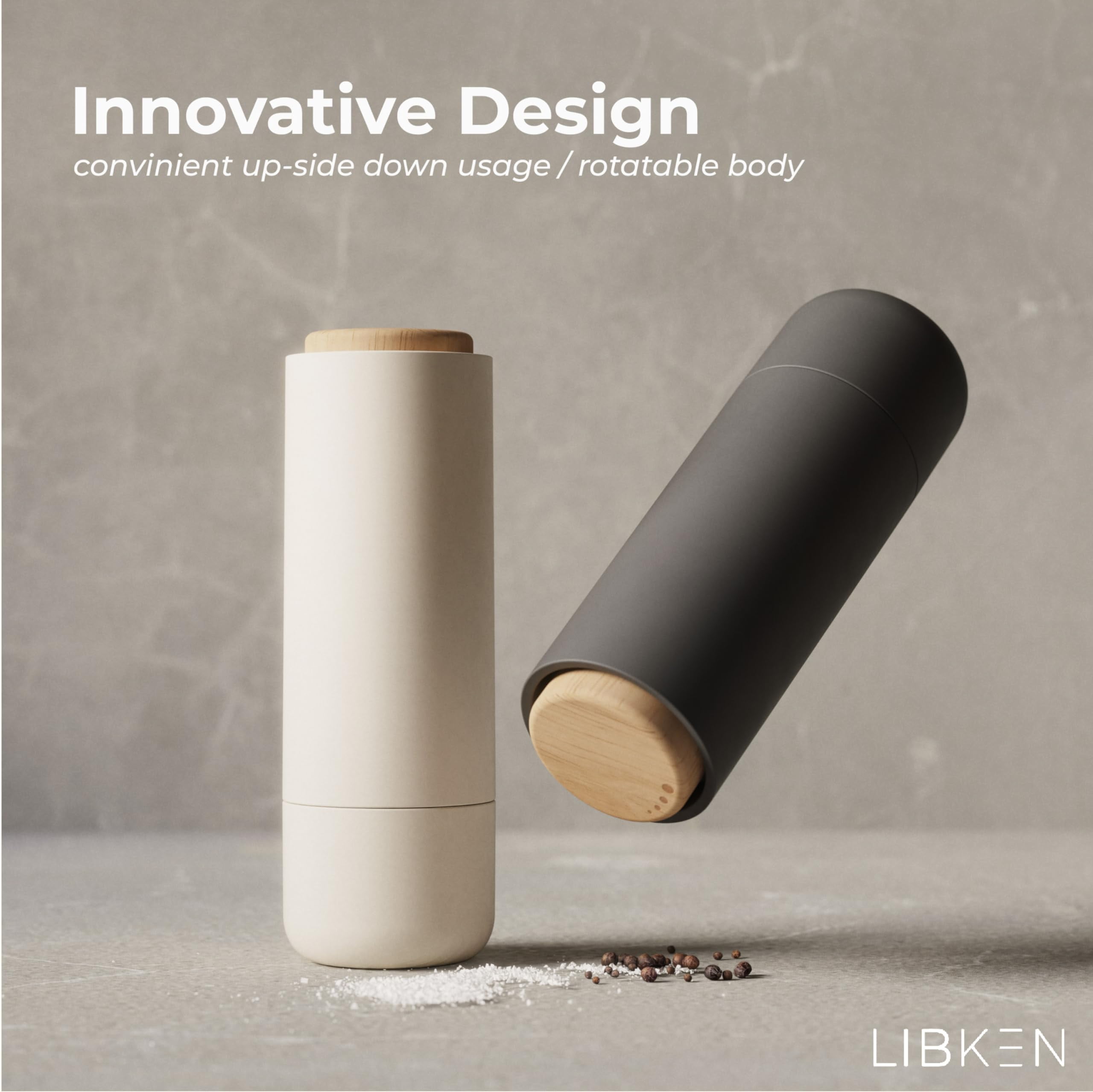 LIBKEN - Salt and Pepper Grinder Set - Adjustable Ceramic Grinder - Premium Spice Shaker - Condiments Dispenser - Easy to Refill - Wood and soft coated plastic - 6.2 x 2.2 inch (White and Grey)
