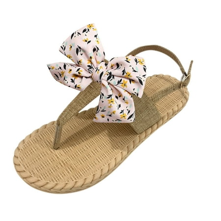 CHOII Clearance Summer Fashion Hemp Rope Sole Casual Shoes Bow Flat Sandals Non-slip Woven Bottom Flip Flops for Women with Elastic Band Ankle Strap Sandals Khaki/6.5