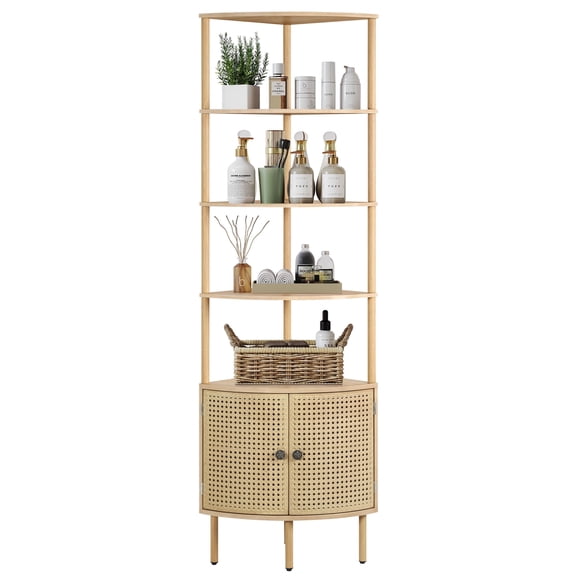 YOCWO 67" Tall Corner Bookshelf with 4-Tier Display Shelves and 2 Door Storage Cabinet, Metal Rattan Door Design, Natural