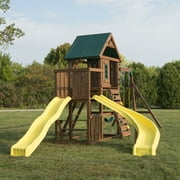 Swing-N-Slide Castlebrook Wooden Backyard Swing Set with Wave Slide, Curved Slide, Climbing Wall, and Swings