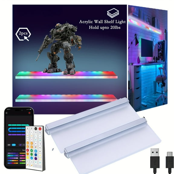 2sets Aluminum Floating Shelf with RGBAI Light - App and Remote Control, Acrylic Holding Plate Emitting Shelves for Living Room Bathroom Bedroom Gaming Room, can Support up to 20lbs