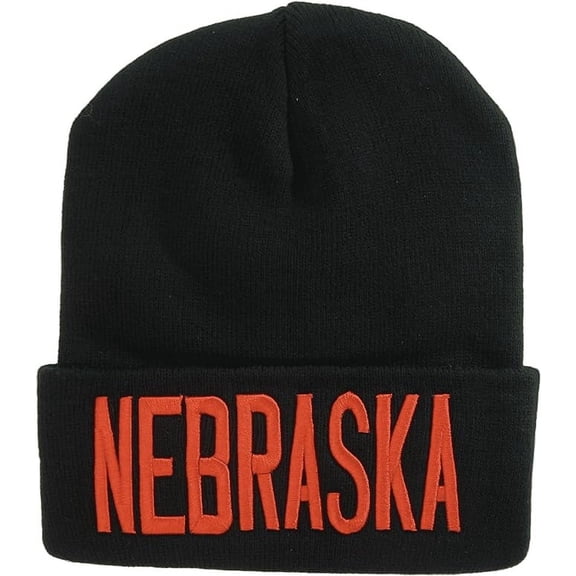 Nebraska Adult Size Bold Lettering Winter Knit Cuffed Beanie Hat (Black/Red)