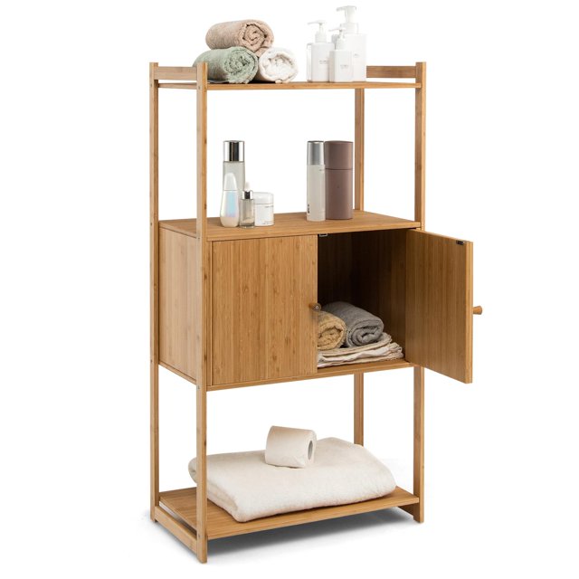 Bathroom Cabinet, Bamboo 4 Tier Floor Storage Cabinet w/Enclosed Cabinet, Freestanding Tall Rack, Multipurpose Storage Unit Organizer for Bathroom Kitchen Living Room