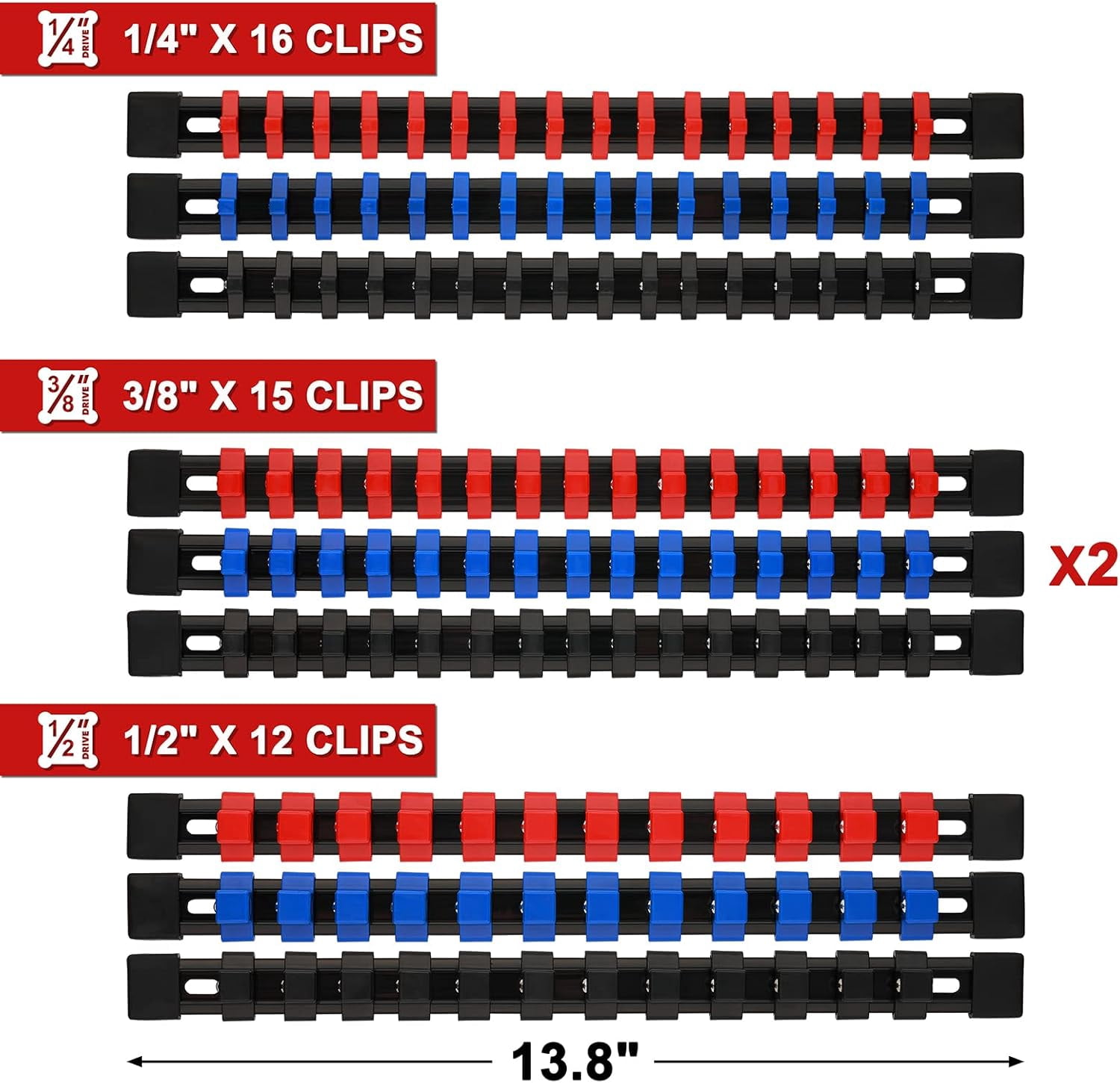 Mayouko Pro 12PCS ABS Socket Organizer, Portable Socket Rail Holder for Toolbox, 1/4 Inch x 48 Clips, 3/8 Inch x 90 Clips, 1/2 Inch x 36 Clips