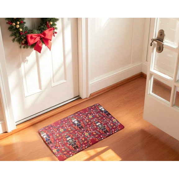 Serafina Home Winter Holiday Christmas Kitchen Mat- Festive Nutcracker Red with Holly, Berries, Snowflakes & Gifts Design- 17" x 28" Cushioned Anti-Fatigue Comfort Floor Mat