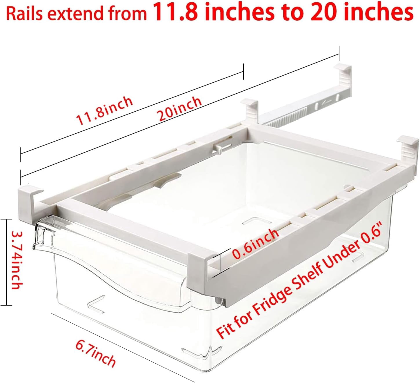 Fridge Drawer Organizer, Adjustable Refrigerator Drawers for Fruit and Vegetable, Pull Out with Handle, Shelf Holder Storage Box, Fit for Fridge Shelf Under 1.1"