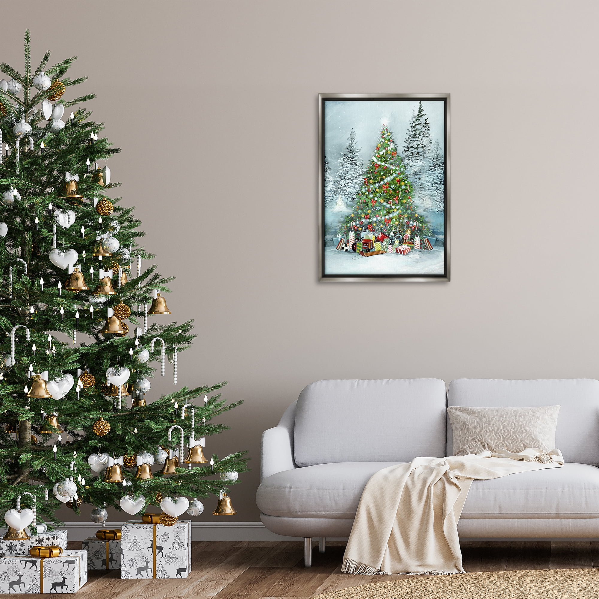 Stupell Industries Mistletoe Kisses Phrase Holiday Painting Gray Floater Framed Canvas Art Prints Wall Art, 21 x 31