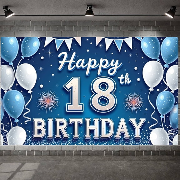 Blue & White 18th Birthday Banner Balloon Decor Happy 18th Display Firework Design Sparkling Stars 18th Birthday Backdrop for 18th Birthday Party Teen Celebration Indoor Decoration