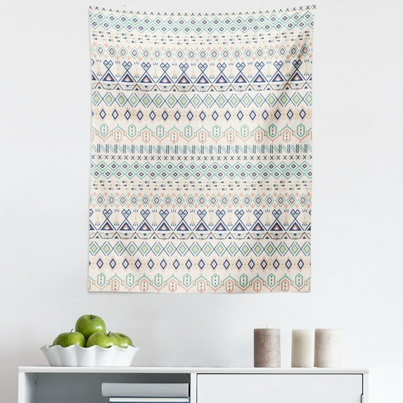 Geometric Tapestry, Aztec Motifs Triangles Squares Folk Inspiration Tribal Image, Fabric Wall Hanging Decor for Bedroom Living Room Dorm, 5 Sizes, Mint Dark Blue Peach, by Ambesonne