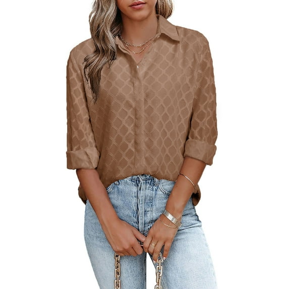 Asyoly Womens Tops Casual Solid Color V Neck Elegant Shirts Long Sleeve Button Down Work Blouses for Women
