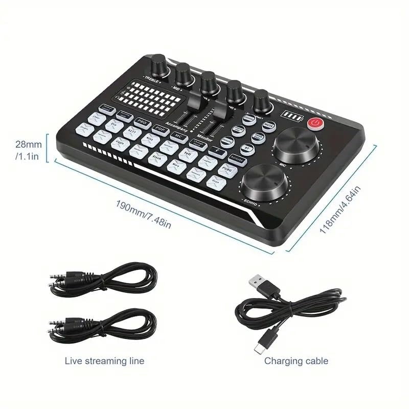 Live Sound Card with DJ Mixer Effects & Voice Changer, Live Sound Card Audio Mixer, Sound Mixer Board LED Light Voice Changer Sound Card with 16 Special Sound Effects for Live Streaming (Sound card)