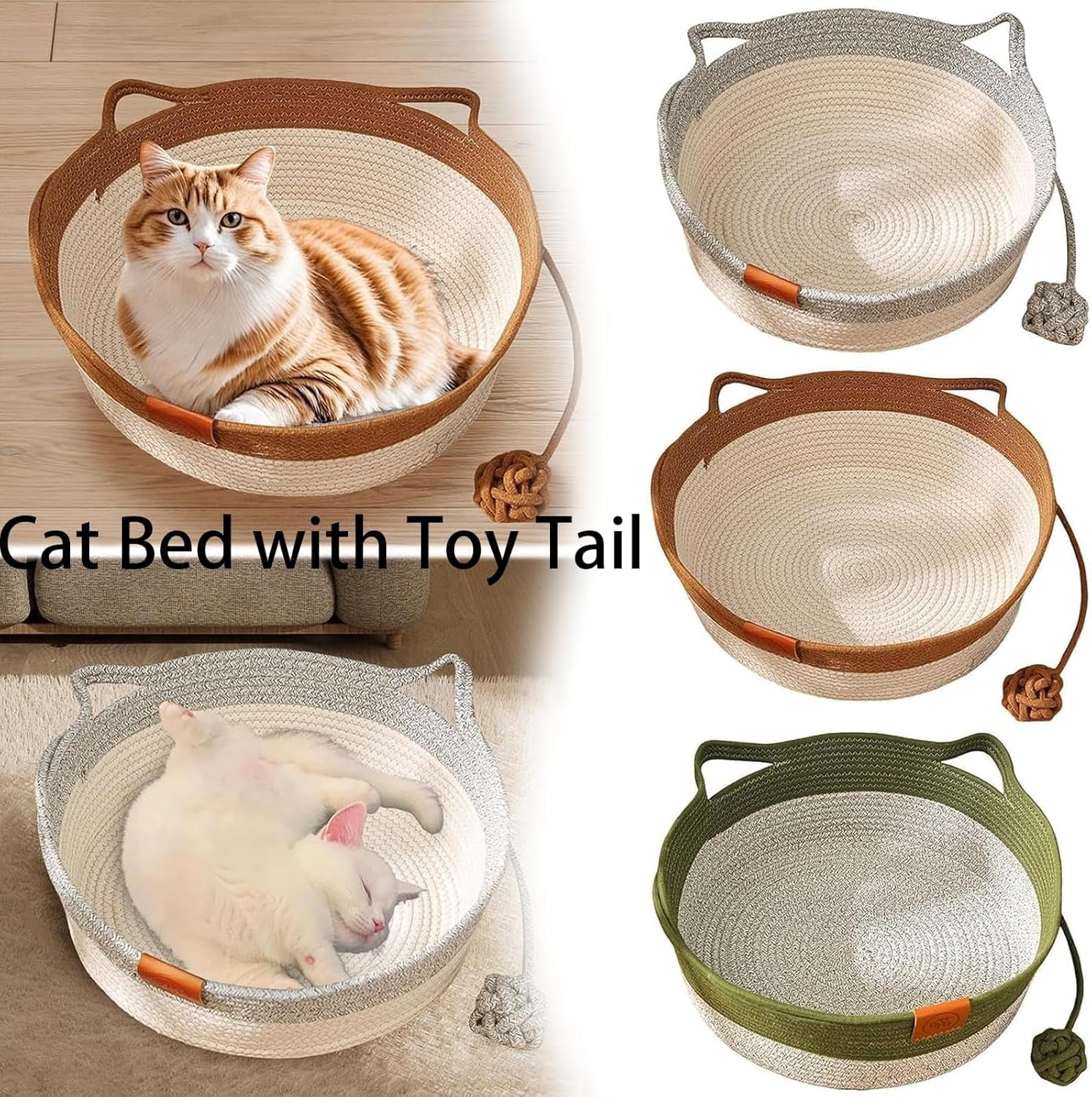 Instinct Basket, Stimuli Cat Bed with Toy Tail, Cats Ear Design, Breathable All Season Universal, Scratch-Resistant