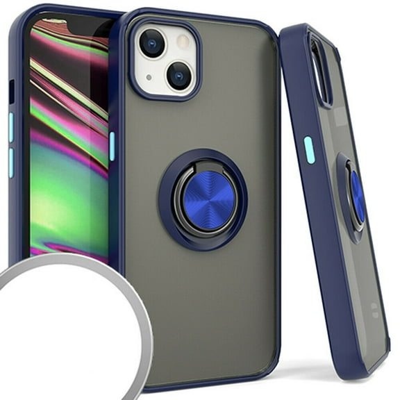 Kaleidio Case For iPhone 13 (6.1") [Frost Hybrid] Lightweight Slim Fit [Magnetic Ring Stand] Skin Cover [Smoke/Blue]