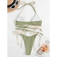 thumbnail image 5 of ZAFUL Women Swimsuit Ribbed Cross Bicolor Halter Bikini Swimwear Light Green M, 5 of 6