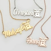 Personalized Planet Fancy Script Name with Reindeer Necklace ,Women's