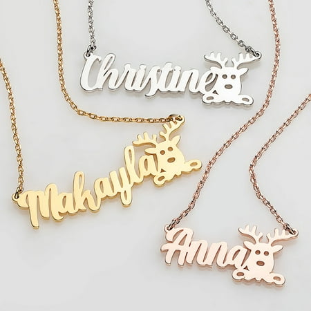 Personalized Planet Fancy Script Name with Reindeer Necklace ,Women's