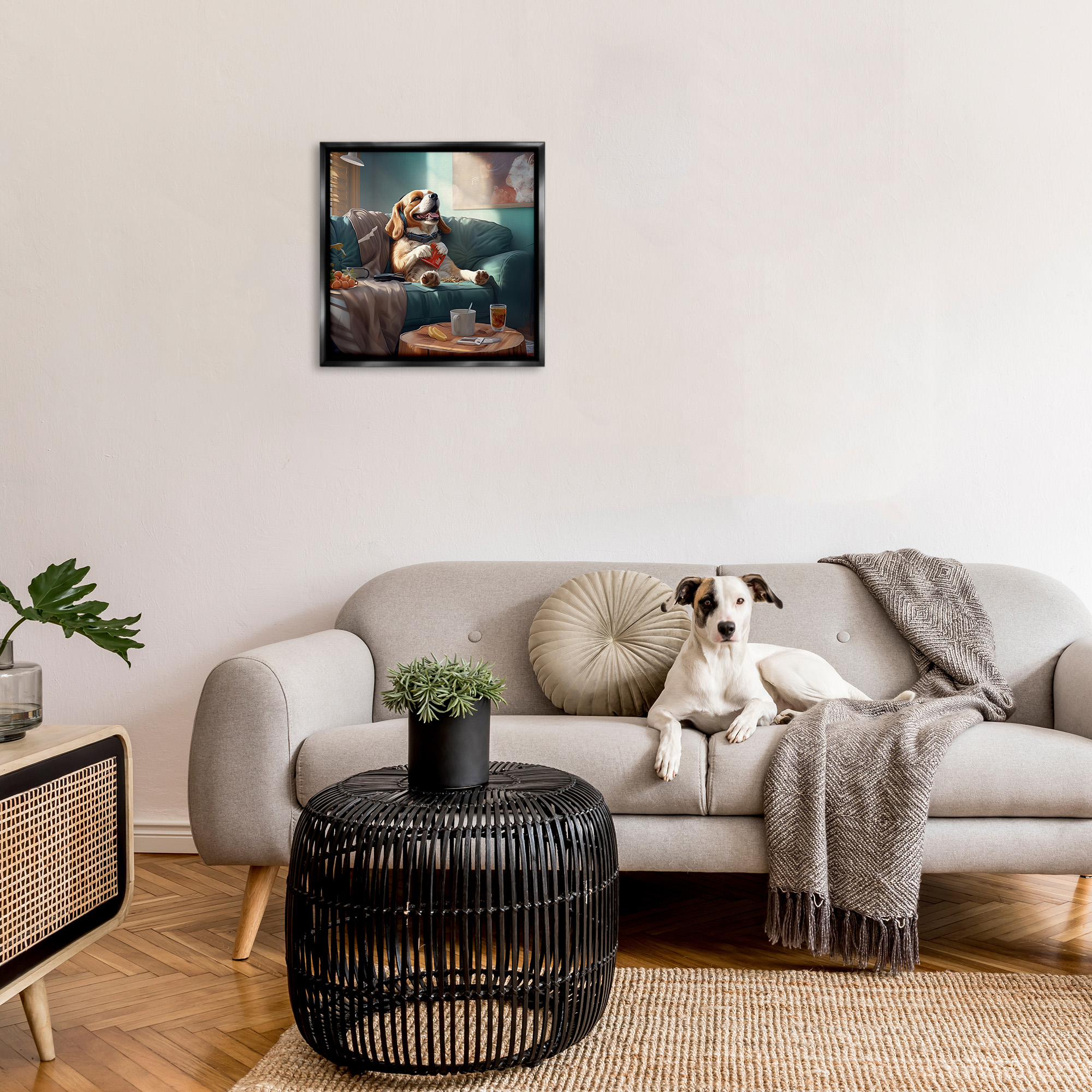Stupell Industries Happy Dog on Couch Animals & Insects Painting Black Floater Framed Canvas Art Print Wall Art, 25 x 25