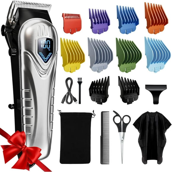 Teetheory Men's Professional Cordless Hair Clipper Kit, Low Noise with 10 Color-Coded Combs, LED Display, Beard Trimmer, Scissors & Hair Cape Silver