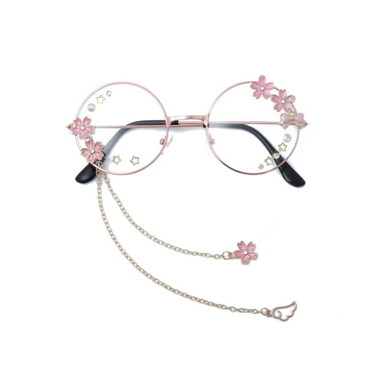 Cute Glasses with Chain, Cherry Blossoms Round-Frame Eyewear Glasses with  Wing Pendant for Women, Girls Pink, One Size