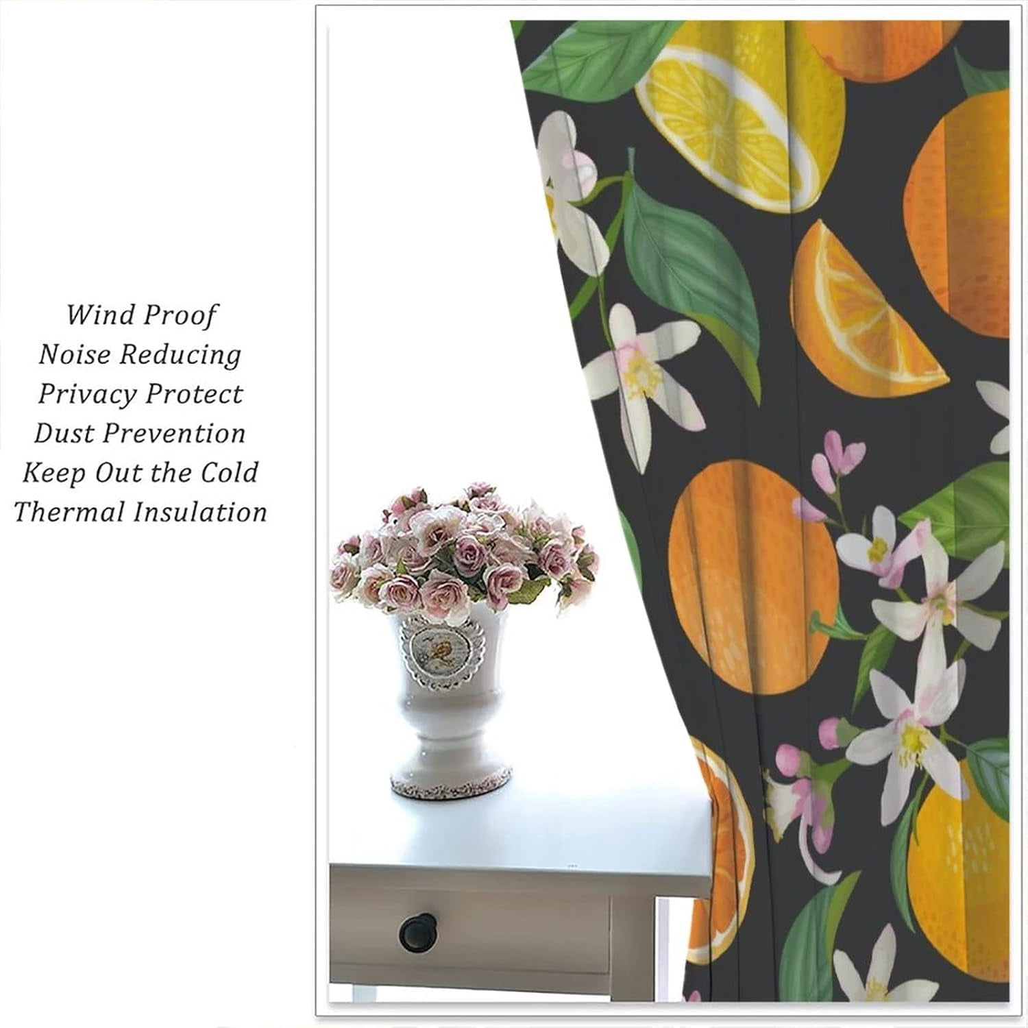 Fruit Lemon Curtains, Tropical Floral Citrus Black Summer Nature Vintage Watercolor, Bedroom Living Room Decor Room Noise Reduction Darkening, 2 Sets of Panels, 42x54 in.