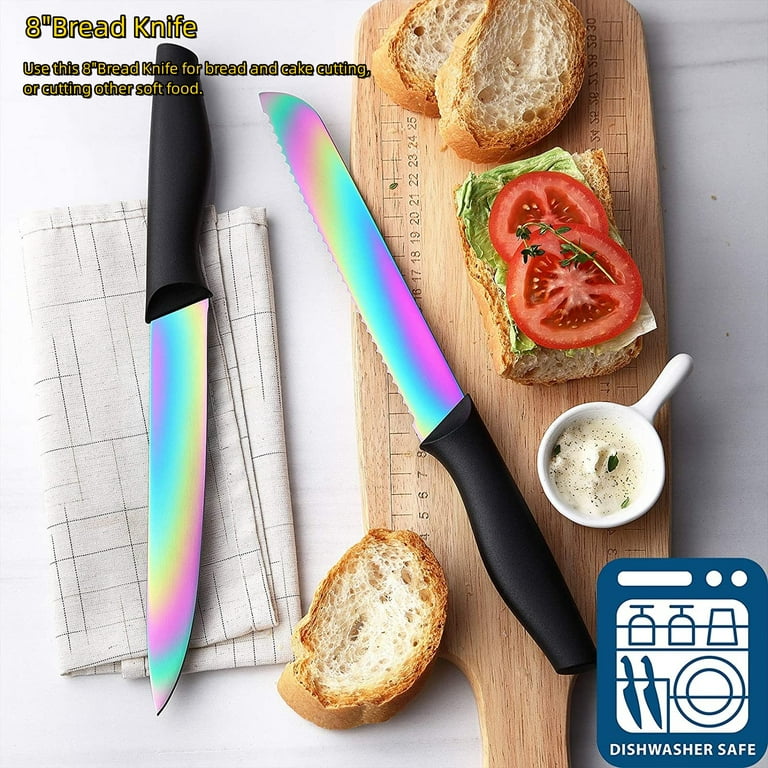 Rainbow Knife Set,Marco Almond Kya35 14 Pcs Kitchen Knife Set,Titanium Coating for Anti-rusting, Super Sharp Cutlery Knife Set with Acrylic Stand