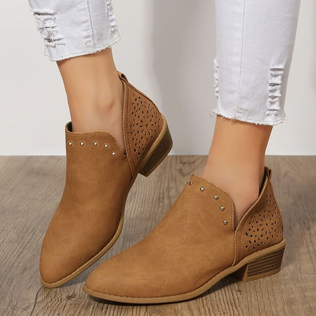 

Christmas Ladies Fashion Solid Color Hollow Carved Pointed Stud Low Heel Vintage Short Boots
