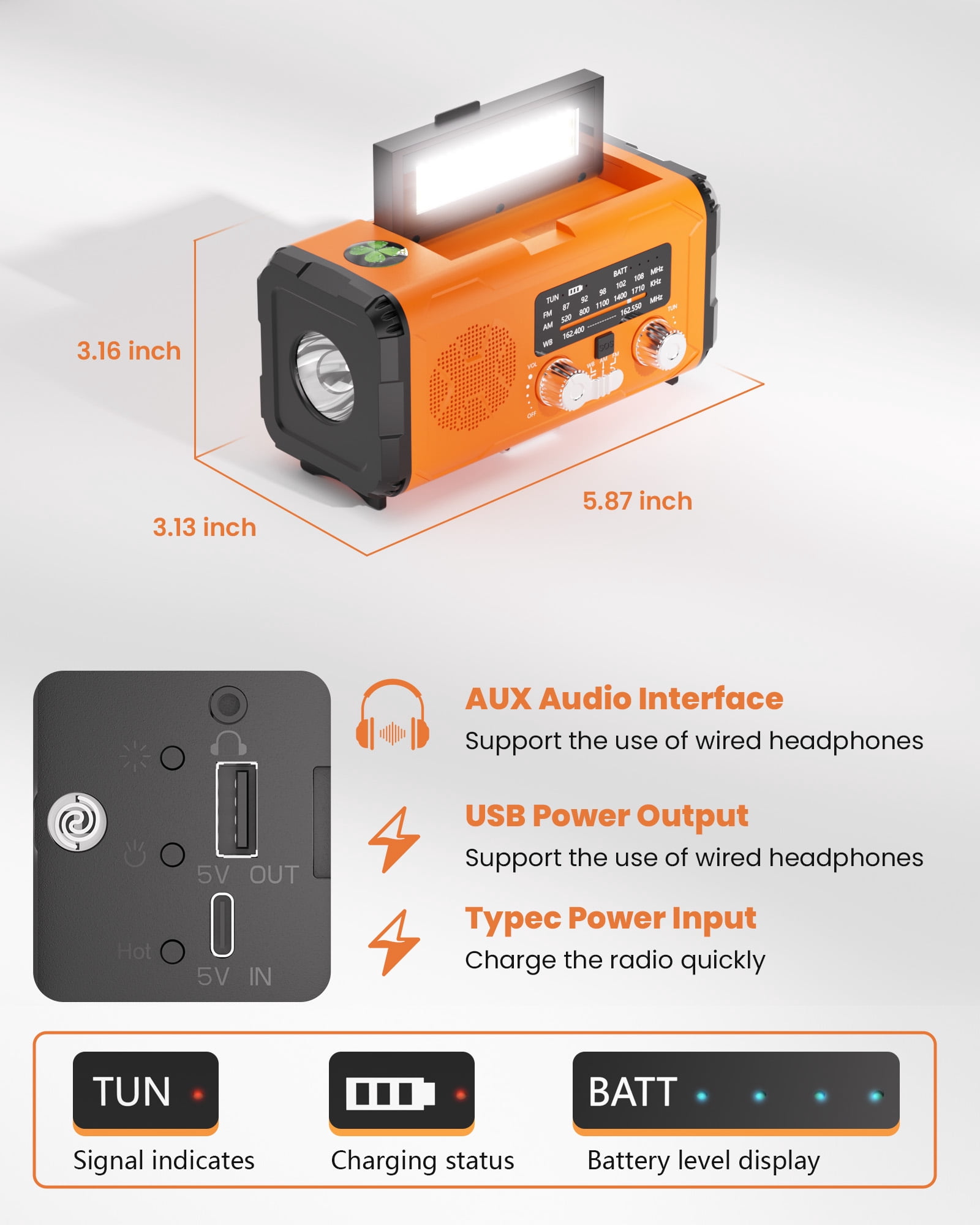 Colesno NOAA Weather Radio, 10000mAh Emergency Solar Hand Crank Radio with AM/FM, USB/Type-C Charging, LED Flashlight, and SOS Alarm, Compact Design for Outdoor, Travel, and Emergency Kits (Orange)