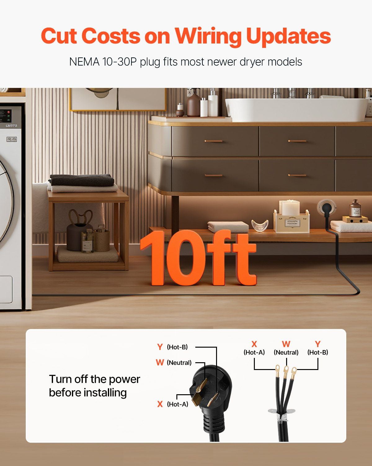 Zaverox 10FT 3-Prong Dryer Power Cord, NEMA 10-30P, 125V/250V, 10AWG/3C SDRT Pure Copper Cable with Eyelet Connectors & PVC Tie