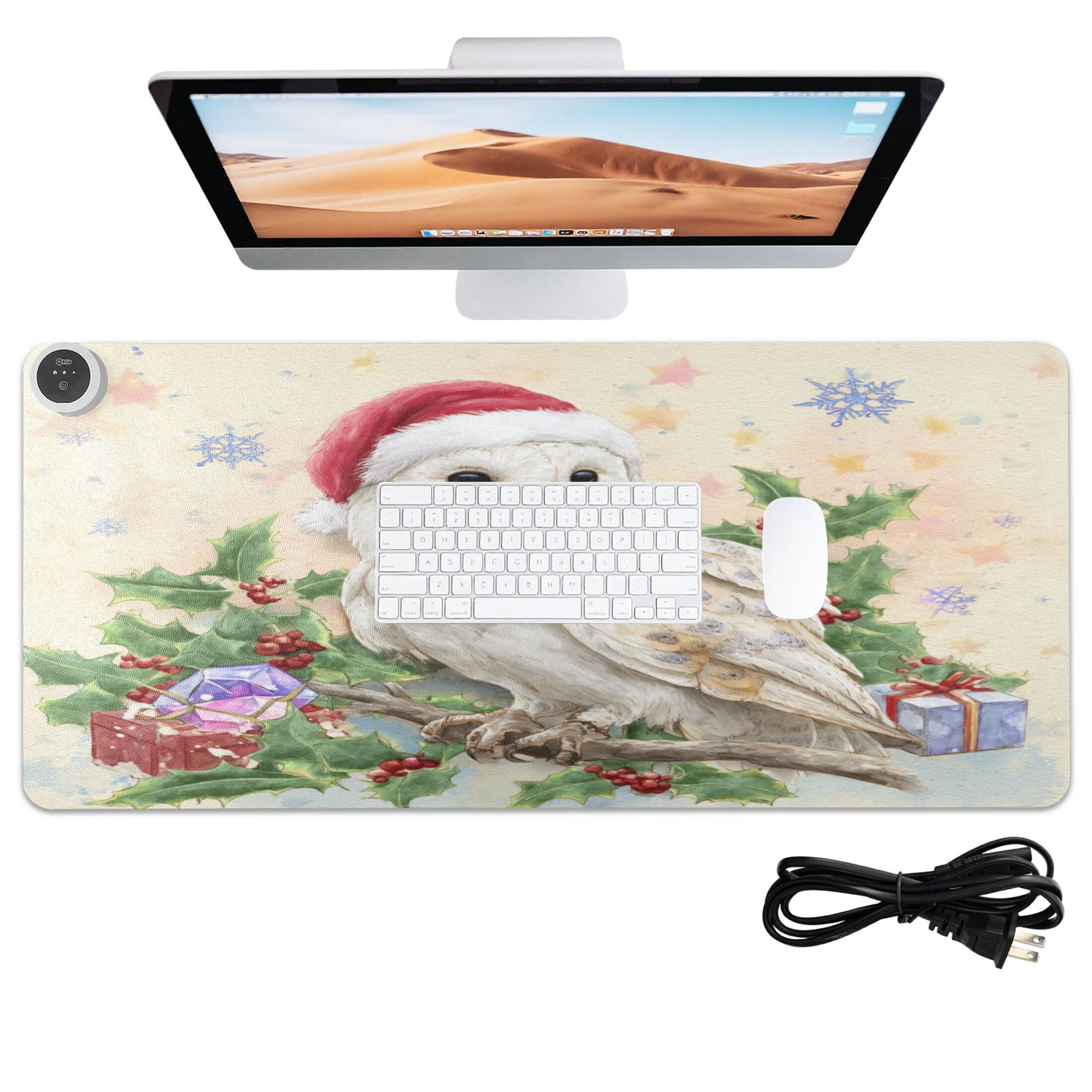 Large Heated Desk Mat Mouse Pad 31.5"x13"PU Leather Graphene Heating Desk Warmer with 3 Temperature Settings 110V US Plug Non-Slip Warm Pad for Home, Office, and Gaming Christmas Cute White Owl