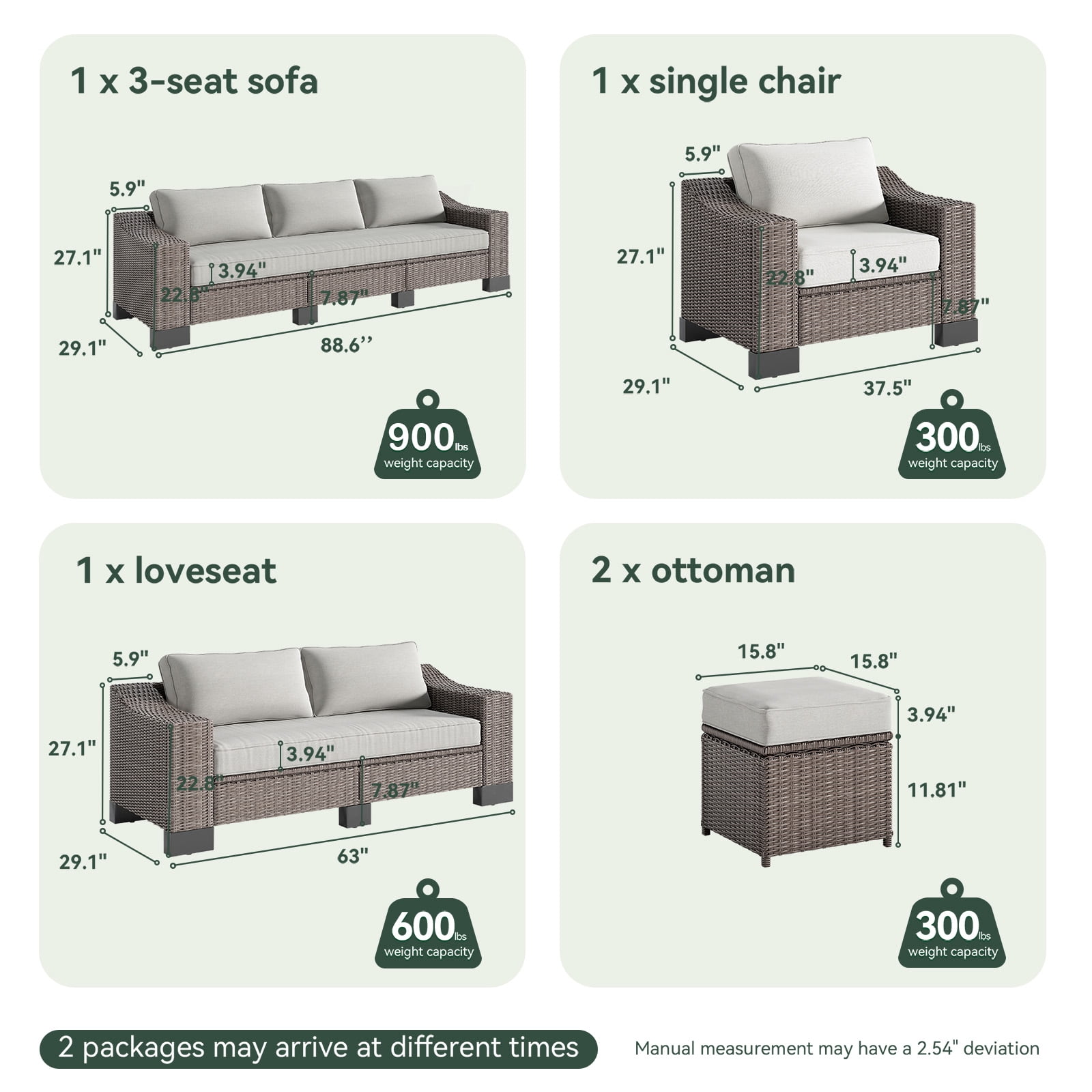 8 Pieces Outdoor Patio Furniture Sets with Ottman, Manual Weaving Wicker for Backyard Patio Garden