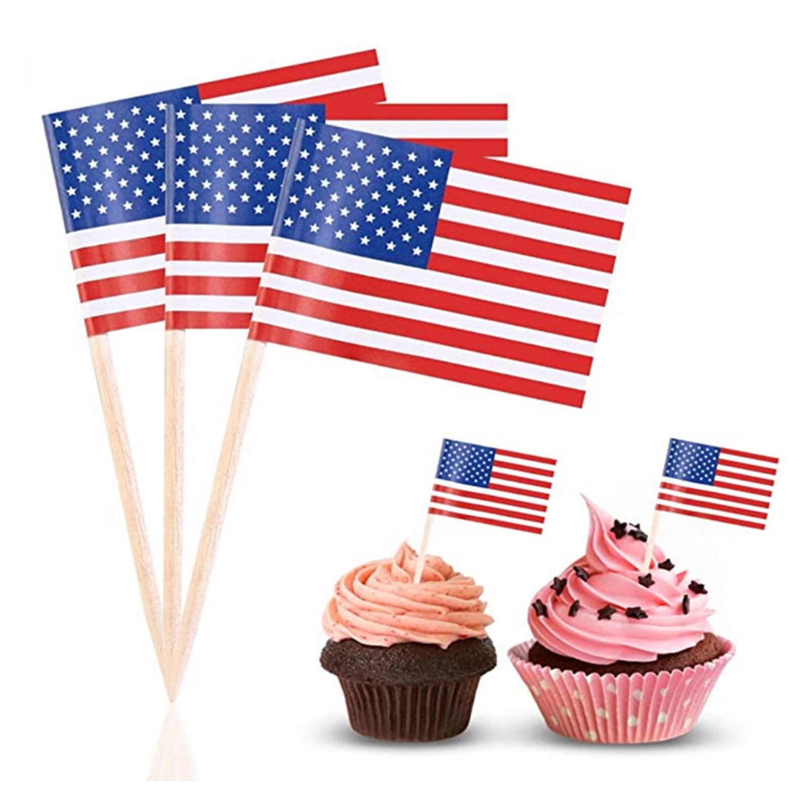 US Flag Food Picks - 4th of July Party Supplies American Flag Toothpicks for Sandwiches, Appetizers, Cupcake and Toppers Cocktail Skewers, Patriotic BBQ Decor Natural Birch Wood Snack Sticks