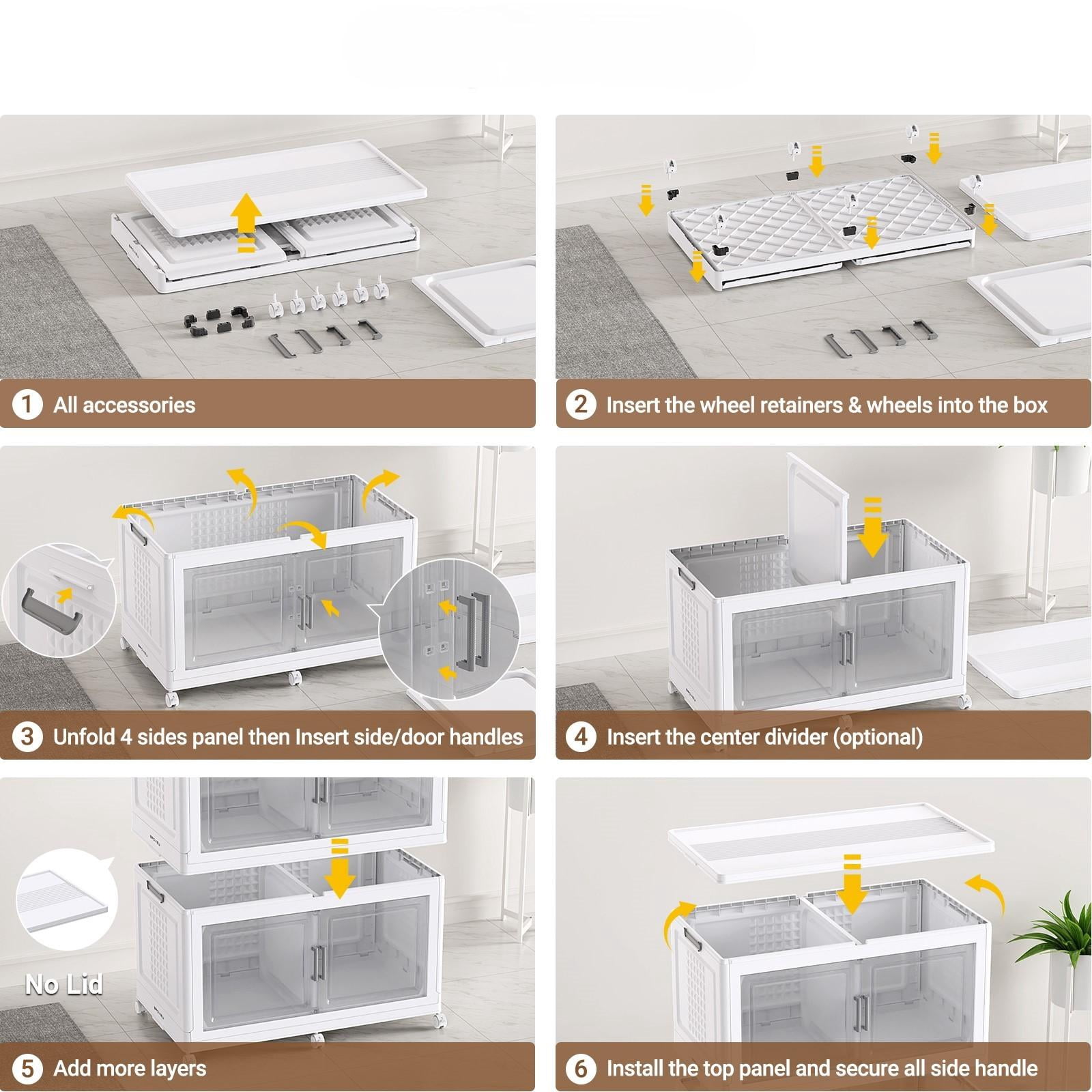 Broview 400Gal Extra Large Stackable Storage Bins with 2 Lids & Wheels, 8Pack Plastic Collapsible Box with Dividers, Closet Organizers Cabinet, White