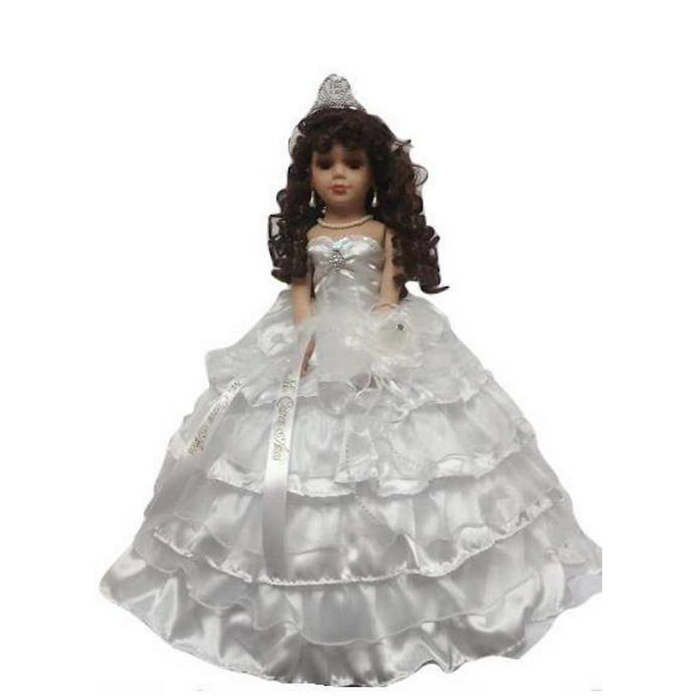 Porcelain Quinceanera Umbrella Doll (Quince Anos) White Ceremony