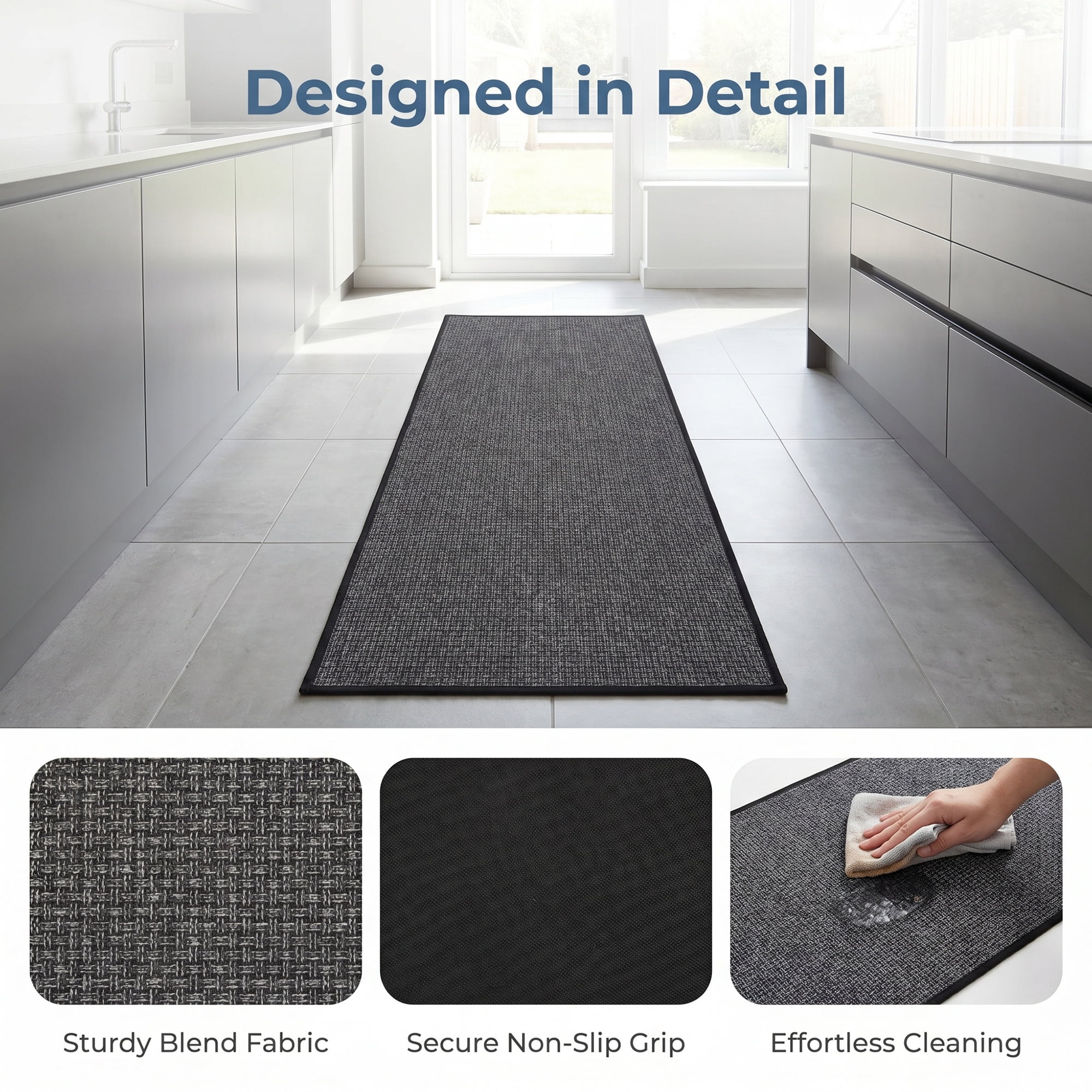 Unique Bargains Geometric Kitchen Absorbent Cotton Blend Runner Rug Black Grey 47" x 18"