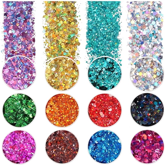 GEWIKK Holographic Chunky Glitter, Set of 12, Craft Glitter for Resin Art Crafts, Cosmetic Glitter for Nail Body Face Eye, Epoxy Resin Sequin Flake Sparkle for Slime Tumbler Jewelry Making