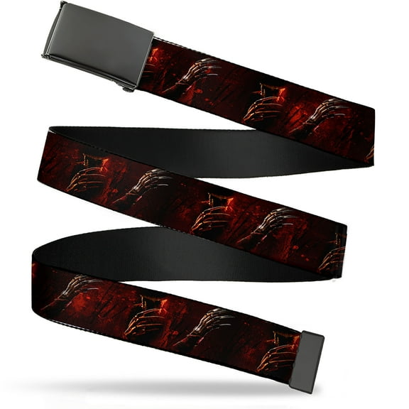 Adjustable Belt, Clamp Buckle, Cut-to-Fit, Freddy Poses Quote Scrawls Hand Scratching Reds Black