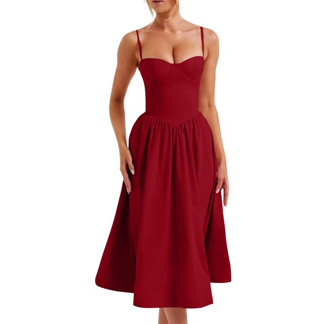 Vestido de longitud media con dobladillo en forma de A sexy de verano para mujer Falda con tirantes de cintura delgada para mujer Vino / L