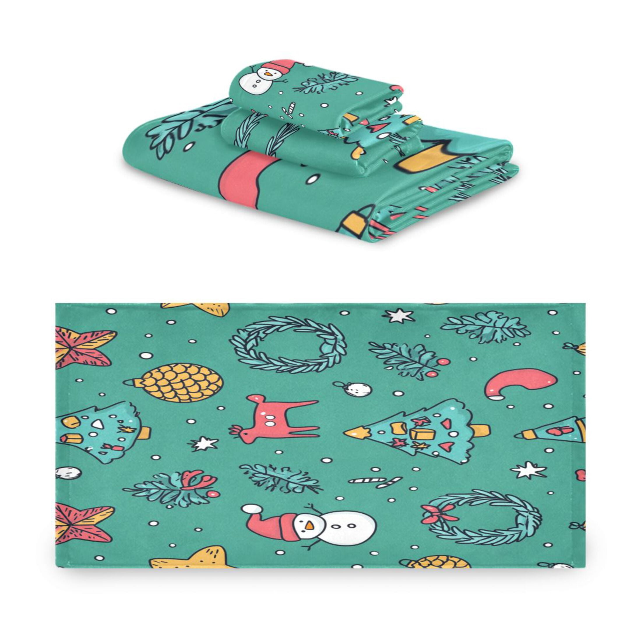 WOBOGO Cartoon Christmas Patterns with Simple Lines Ultra Soft 3 Pack Cotton Towel Set Includes 60 x 30in Bath Towel 28 x 16in Face Towel and 13 x 13in Small Square Towel for Everyday Use Lightweight