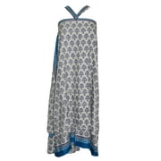 Mogul Women Magic Wrap Skirt Blue Floral Print Premium Silk Sari Two Layer Reversible Beach Dress