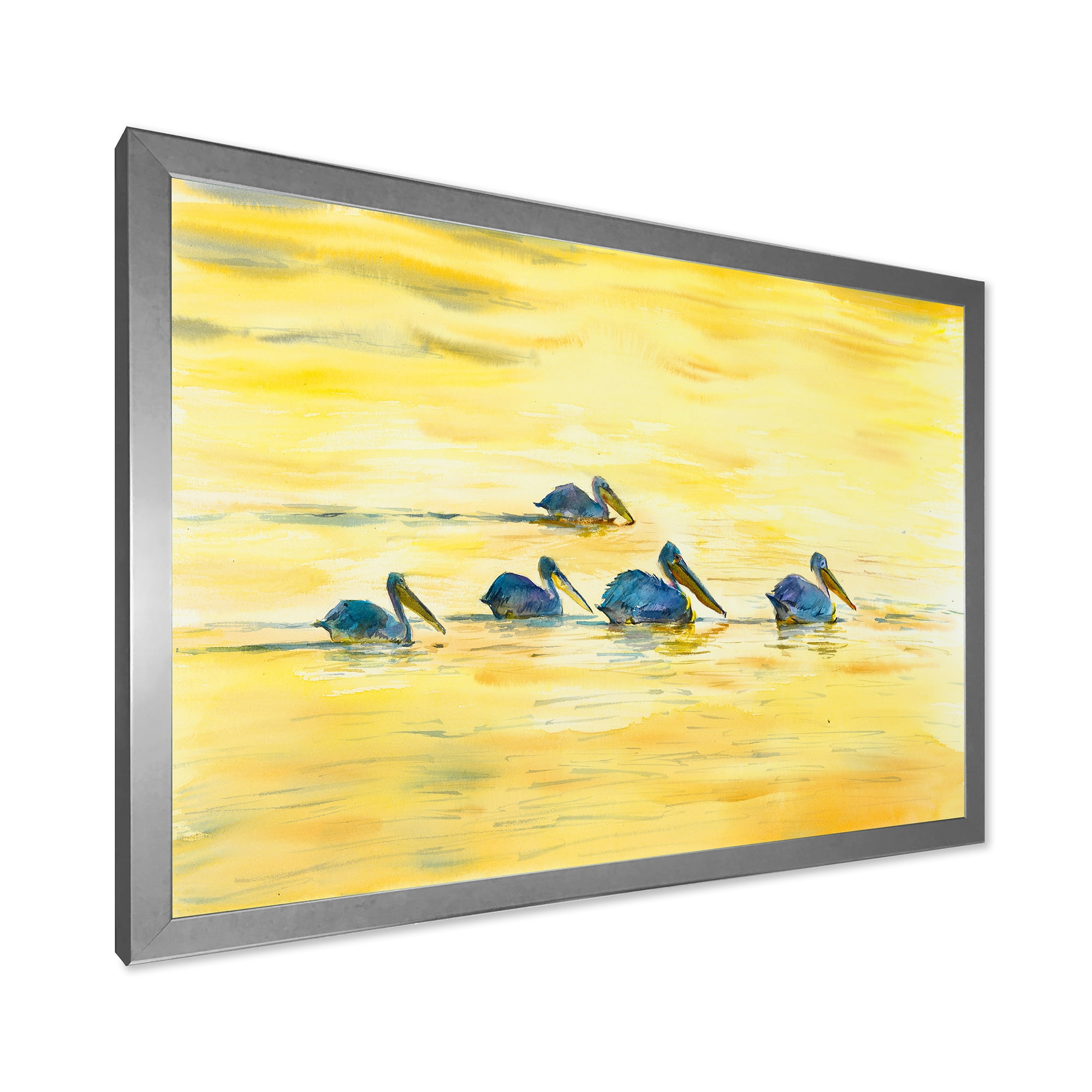 Designart 'Pelicans Birds On The Yellow River' Farmhouse Framed Art Print