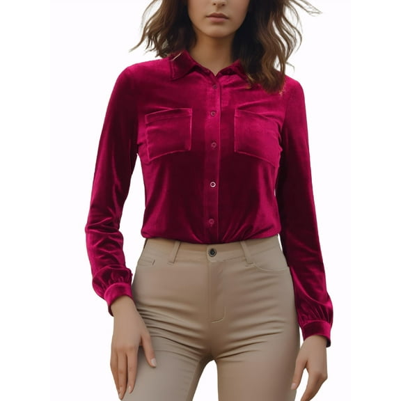 INSPIRE CHIC Women's Office Pocket Front Long Sleeve Button Down Velvet Shirt XS Wine Red